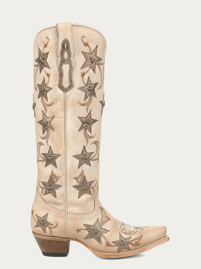 Women's Corral Bone Genuine Leather Boots with Embroidery & Stars Overlay & Studs Tall Top