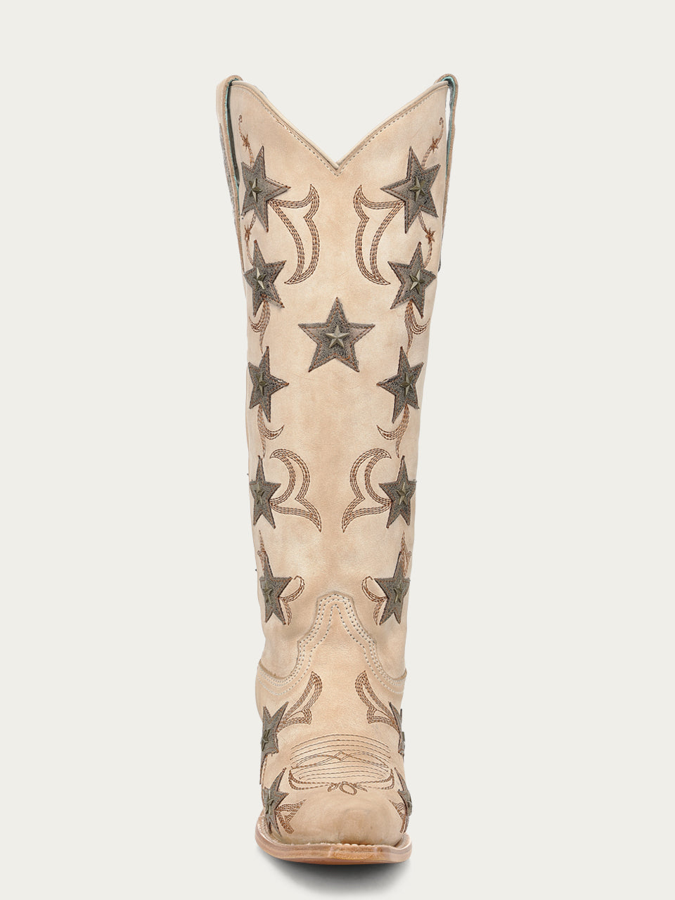 Women's Corral Bone Genuine Leather Boots with Embroidery & Stars Overlay & Studs Tall Top