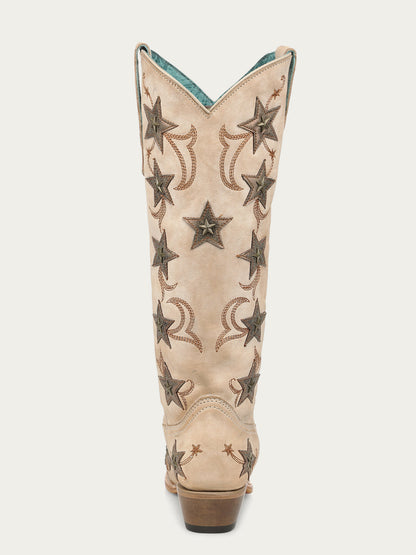 Women's Corral Bone Genuine Leather Boots with Embroidery & Stars Overlay & Studs Tall Top