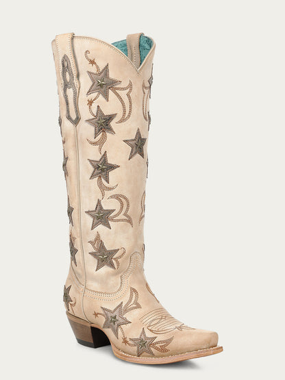 Women's Corral Bone Genuine Leather Boots with Embroidery & Stars Overlay & Studs Tall Top