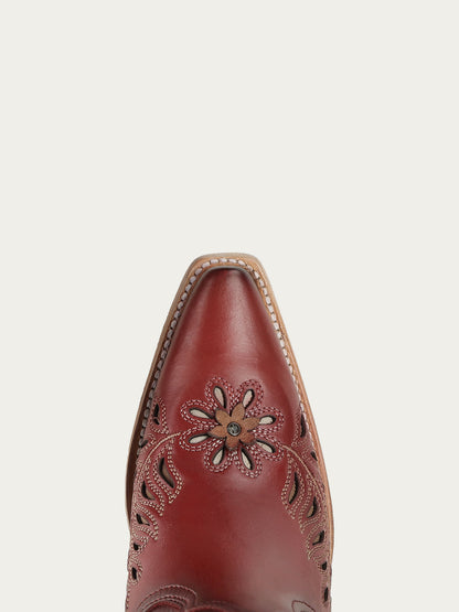 Women's Corral Red Genuine Leather Boots with LASER, Flowers and Birds Inlay and Crystals Tall Top Cowboy Boot