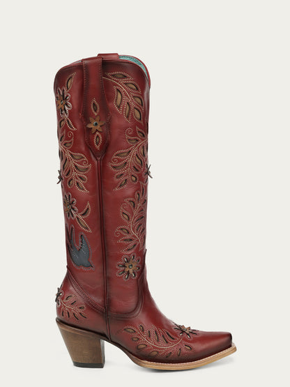 Women's Corral Red Genuine Leather Boots with LASER, Flowers and Birds Inlay and Crystals Tall Top Cowboy Boot