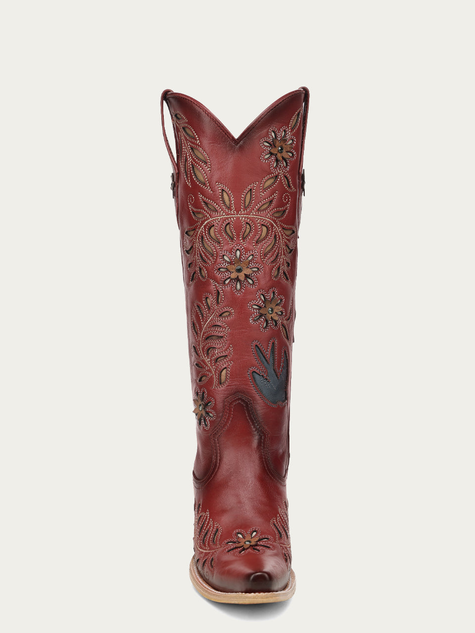 Women's Corral Red Genuine Leather Boots with LASER, Flowers and Birds Inlay and Crystals Tall Top Cowboy Boot
