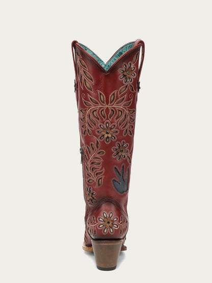 Women's Corral Red Genuine Leather Boots with LASER, Flowers and Birds Inlay and Crystals Tall Top Cowboy Boot