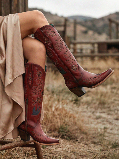 Women's Corral Red Genuine Leather Boots with LASER, Flowers and Birds Inlay and Crystals Tall Top Cowboy Boot