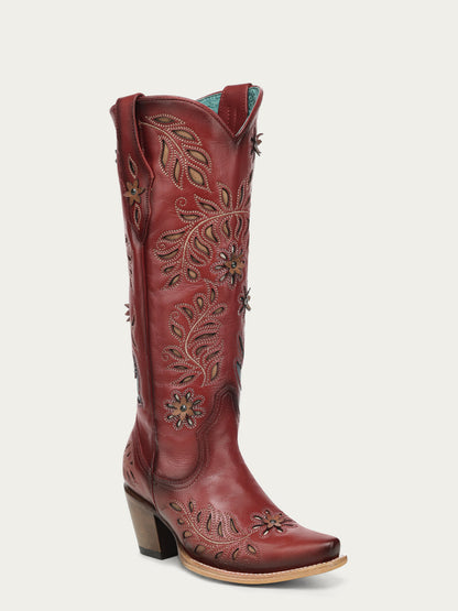 Women's Corral Red Genuine Leather Boots with LASER, Flowers and Birds Inlay and Crystals Tall Top Cowboy Boot
