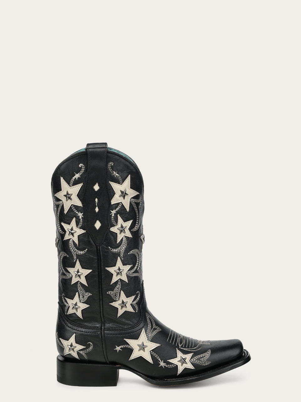 Women's Corral Black Genuine Leather Boots with Embroidery & Stars Overlay & Studs