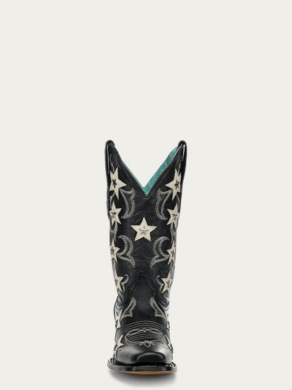 Women's Corral Black Genuine Leather Boots with Embroidery & Stars Overlay & Studs