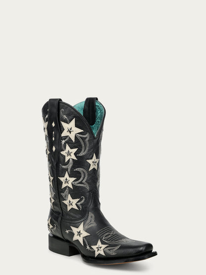 Women's Corral Black Genuine Leather Boots with Embroidery & Stars Overlay & Studs