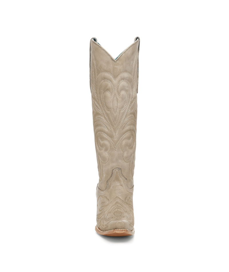 Women's Corral Bone Genuine Leather Boots with Curved Embroidery Pattern Tall Top