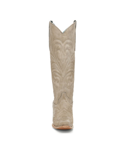 Women's Corral Bone Genuine Leather Boots with Curved Embroidery Pattern Tall Top
