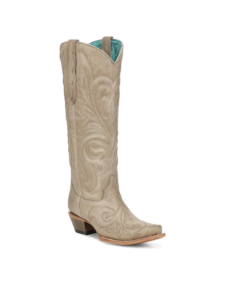 Women's Corral Bone Genuine Leather Boots with Curved Embroidery Pattern Tall Top