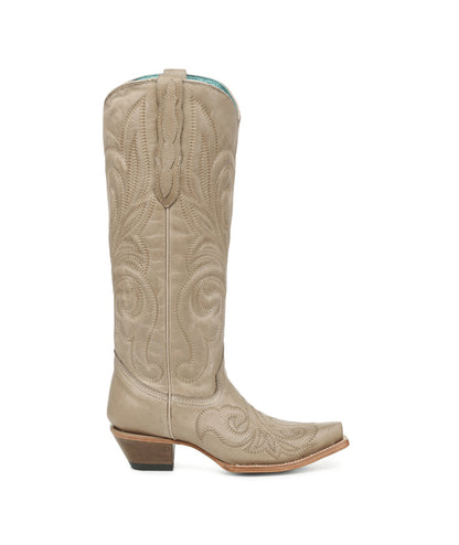 Women's Corral Bone Genuine Leather Boots with Curved Embroidery Pattern Tall Top