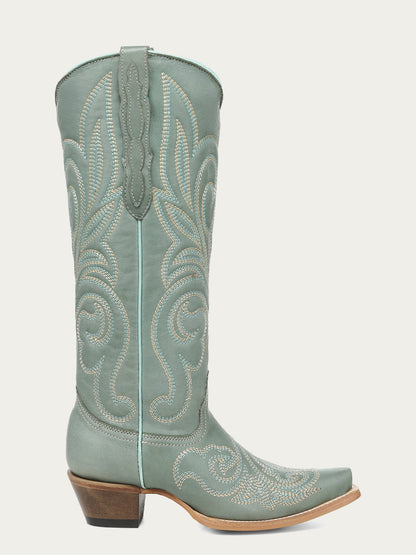 Women's Corral Aqua Genuine Leather Boots with Curved Embroidery Pattern Tall Top