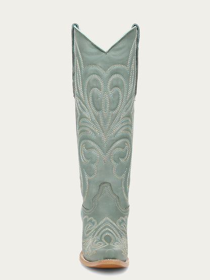 Women's Corral Aqua Genuine Leather Boots with Curved Embroidery Pattern Tall Top