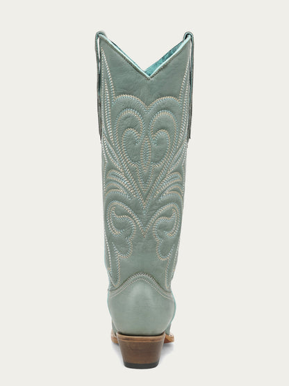 Women's Corral Aqua Genuine Leather Boots with Curved Embroidery Pattern Tall Top