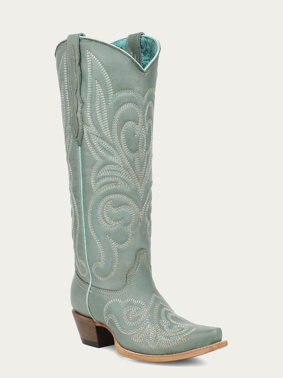 Women's Corral Aqua Genuine Leather Boots with Curved Embroidery Pattern Tall Top