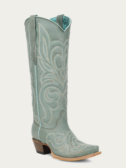 Women's Corral Aqua Genuine Leather Boots with Curved Embroidery Pattern Tall Top