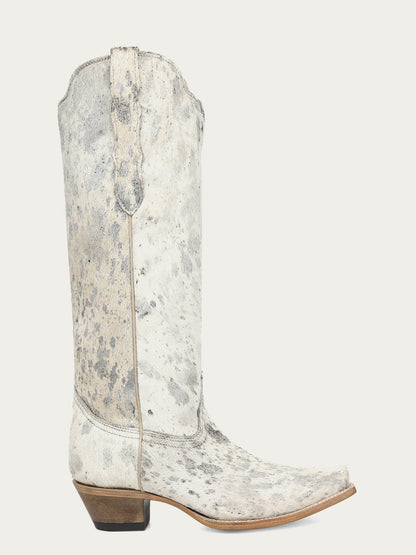 Women's Corral Bone Genuine Leather Boots with Silver Paint Splater Tall Top Cowboy Boot