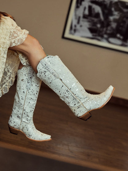 Women's Corral Bone Genuine Leather Boots with Hair Leather with Silver Paint Splater Cowboy Boot