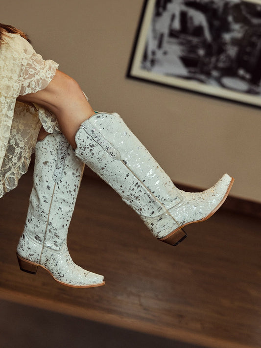 Women's Corral Bone Genuine Leather Boots with Hair Leather with Silver Paint Splater Cowboy Boot