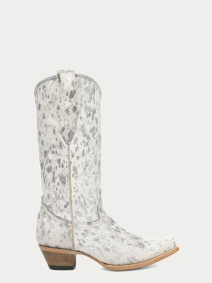 Women's Corral Bone Genuine Leather Boots with Hair Leather with Silver Paint Splater Cowboy Boot