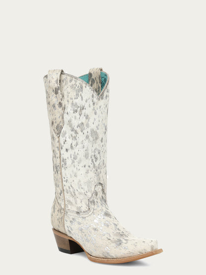 Women's Corral Bone Genuine Leather Boots with Hair Leather with Silver Paint Splater Cowboy Boot