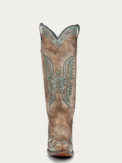 Women's Corral Bone Genuine Leather Boots with Turquoise Eagle Overlay