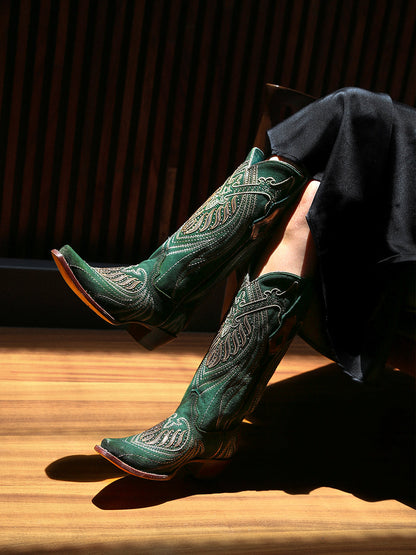 Women's Corral Green Genuine Leather Boots with Overlay & Embroidery & Studs