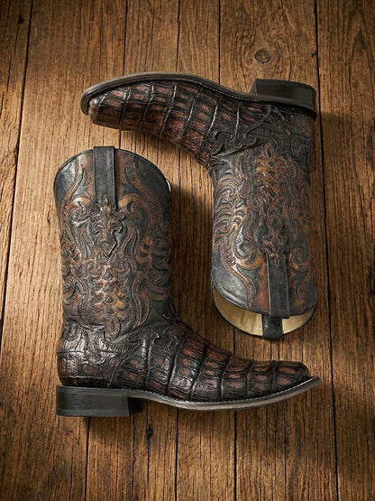 Men's Corral Chocolate Genuine Caiman Boots with Overlay & Embroidery