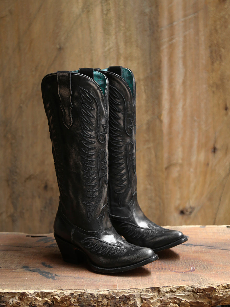 Women's Corral Black Genuine Leather Boots with Bone Embroidery