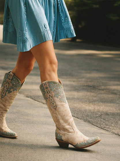 Women's Corral Sand Genuine Leather Boots with Overlay & Embroidery & Studs Tall Top