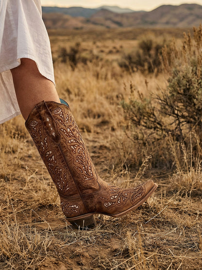 Women's Corral Sand Genuine Leather Boots with Glitter Inlay & Embroidery