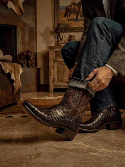 Men's Corral Honey Genuine Alligator Boots with Tooled & Handwoven