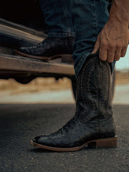Men's Corral Black Genuine Ostrich Boots with Inlay & Embroidery