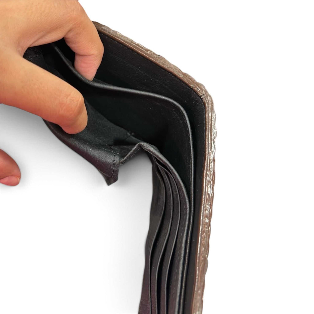 American Alligator Wallet in brown textured skin, opened to reveal a black leather interior with layered card slots