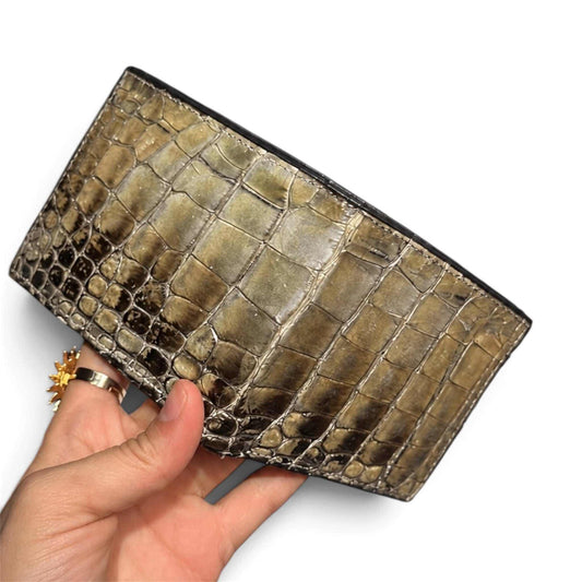 American Alligator Wallet in natural brown genuine alligator leather with glossy, deeply textured scales and a bi-fold design