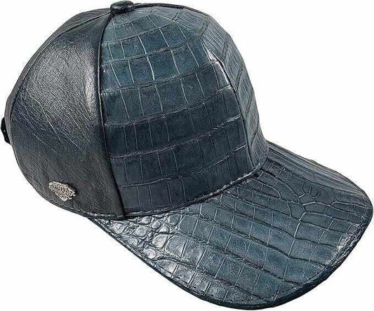Handmade blue jean caiman crocodile leather cap with adjustable closure