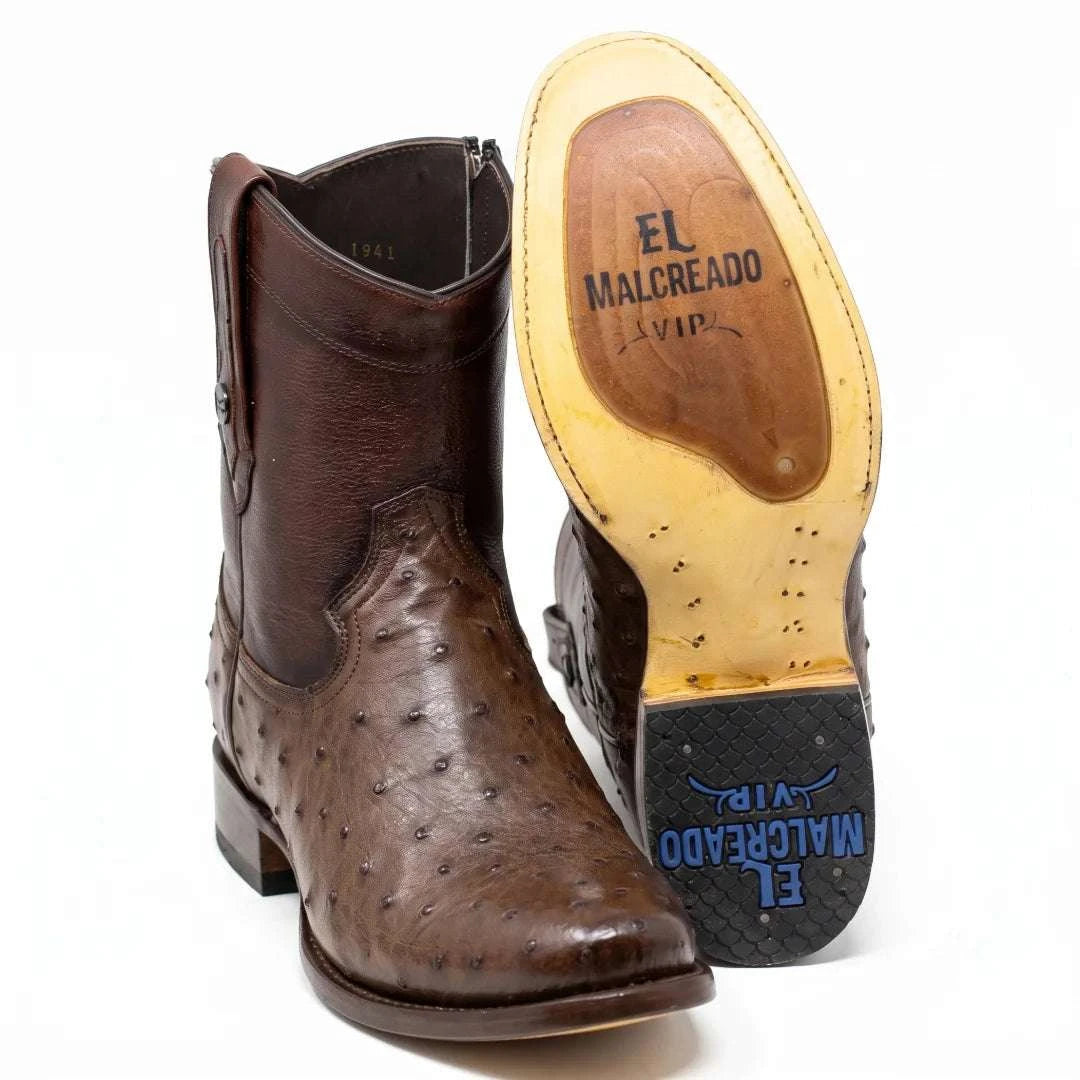 Men's El Malcreado Moy Tobacco Genuine Full Quill Ostrich Botin Boots Handmade