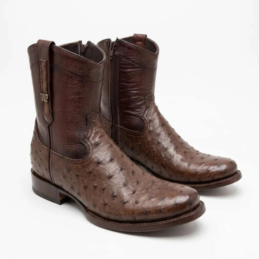 Men's El Malcreado Moy Tobacco Genuine Full Quill Ostrich Botin Boots Handmade