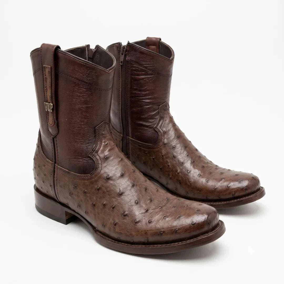 Men's El Malcreado Moy Tobacco Genuine Full Quill Ostrich Botin Boots Handmade