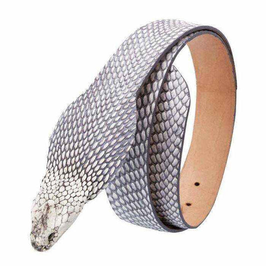 Cobra Snake Belt in natural gray and cream snakeskin with a repeating scale pattern and tan leather lining