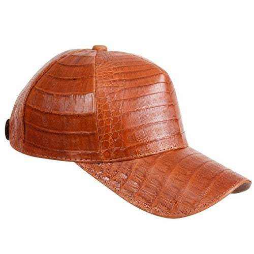 Handmade cognac caiman crocodile alligator leather cap with adjustable closure