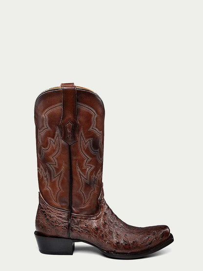 Corral Brown Genuine Full Quill Ostrich Boots in brown textured ostrich leather, with an embroidered shaft and narrow square toe.