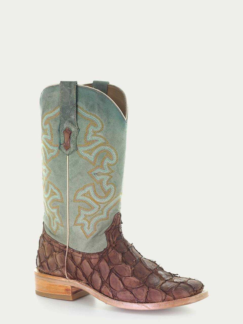 Corral Brown Genuine Pirarucu Fish Boots featuring brown pirarucu fish leather foot and turquoise embroidered shaft with pull-on straps