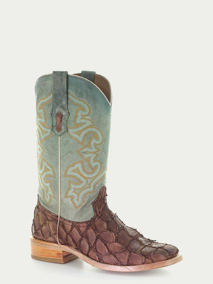 Corral Brown Genuine Pirarucu Fish Boots featuring brown pirarucu fish leather foot and turquoise embroidered shaft with pull-on straps