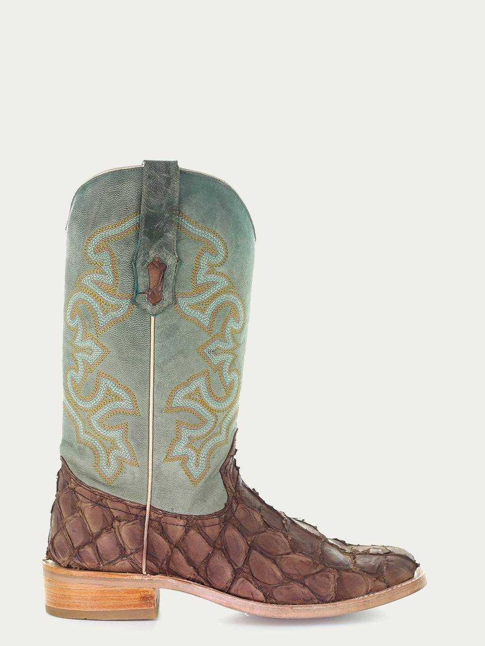 Men's Corral Brown Genuine Pirarucu Fish Boots featuring textured brown pirarucu leather foot and turquoise embroidered shaft with pull straps
