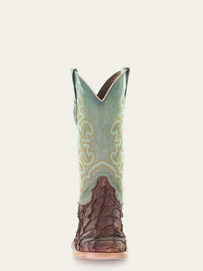 Men's Corral Brown Genuine Pirarucu Fish Boots featuring rich brown fish leather foot and turquoise embroidered shaft with pull-on straps