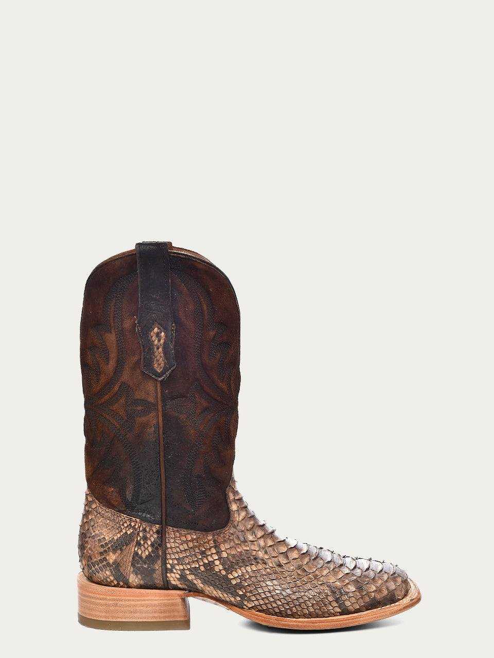 Men's Corral Brown Genuine Python Boots with brown lamb leather shaft, embossed embroidery, and wide square toe