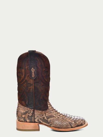 Men's Corral Brown Genuine Python Boots with brown lamb leather shaft, embossed embroidery, and wide square toe